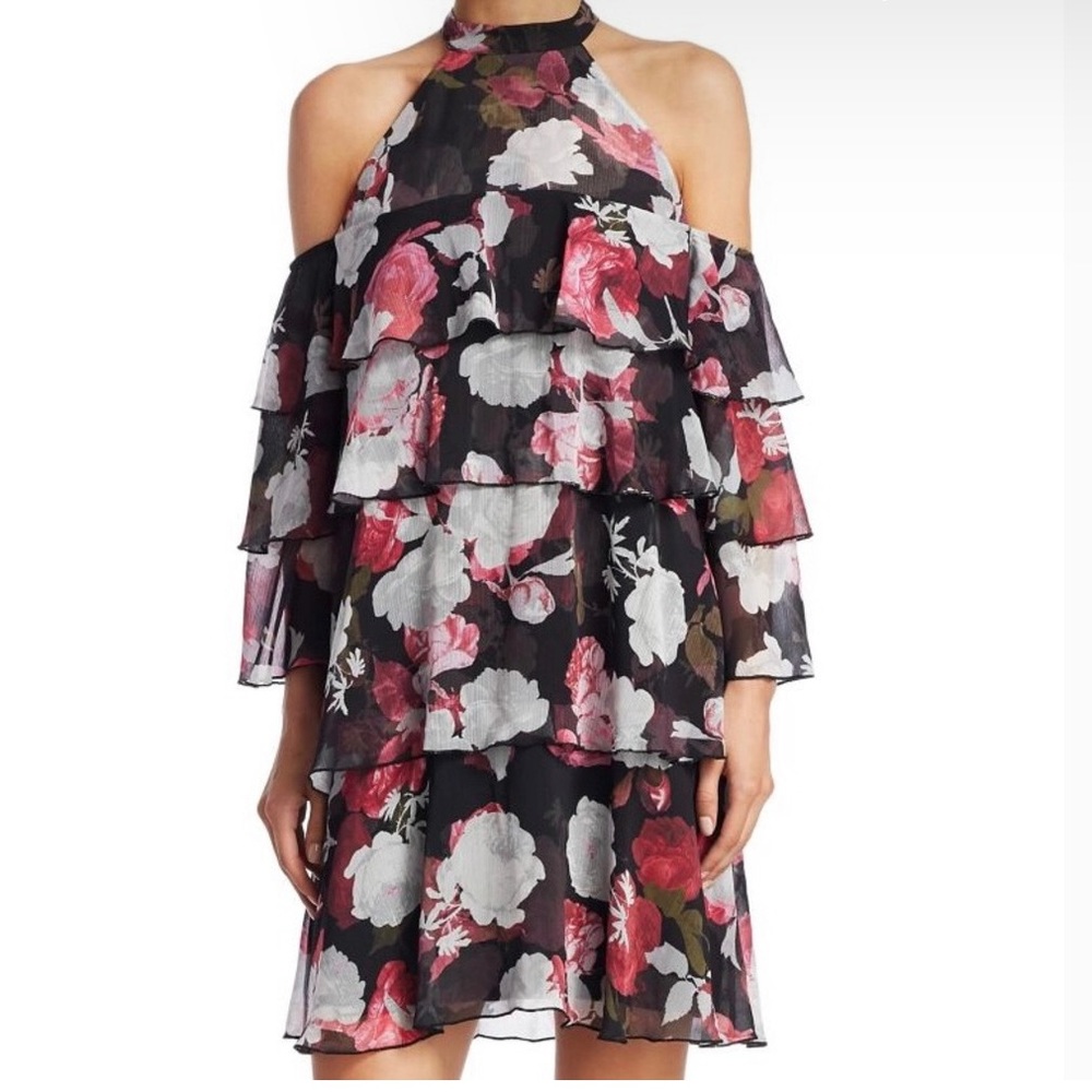 Floral print ruffled cold shoulder halter dress